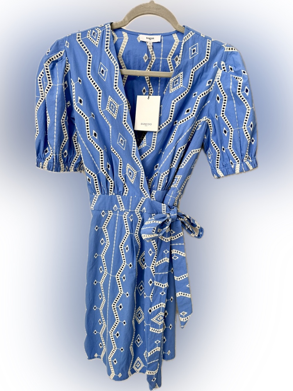 SUNCOO Blue & White Geometric Wrap Mini Dress